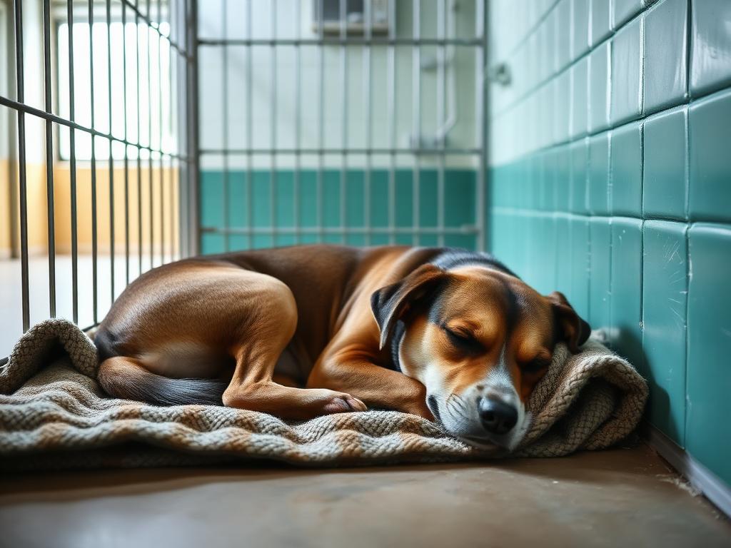 Approved photo of a dog napping in a kennel