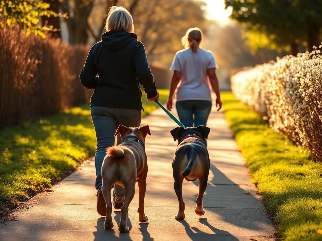 Volunteers walking two shelter dogs