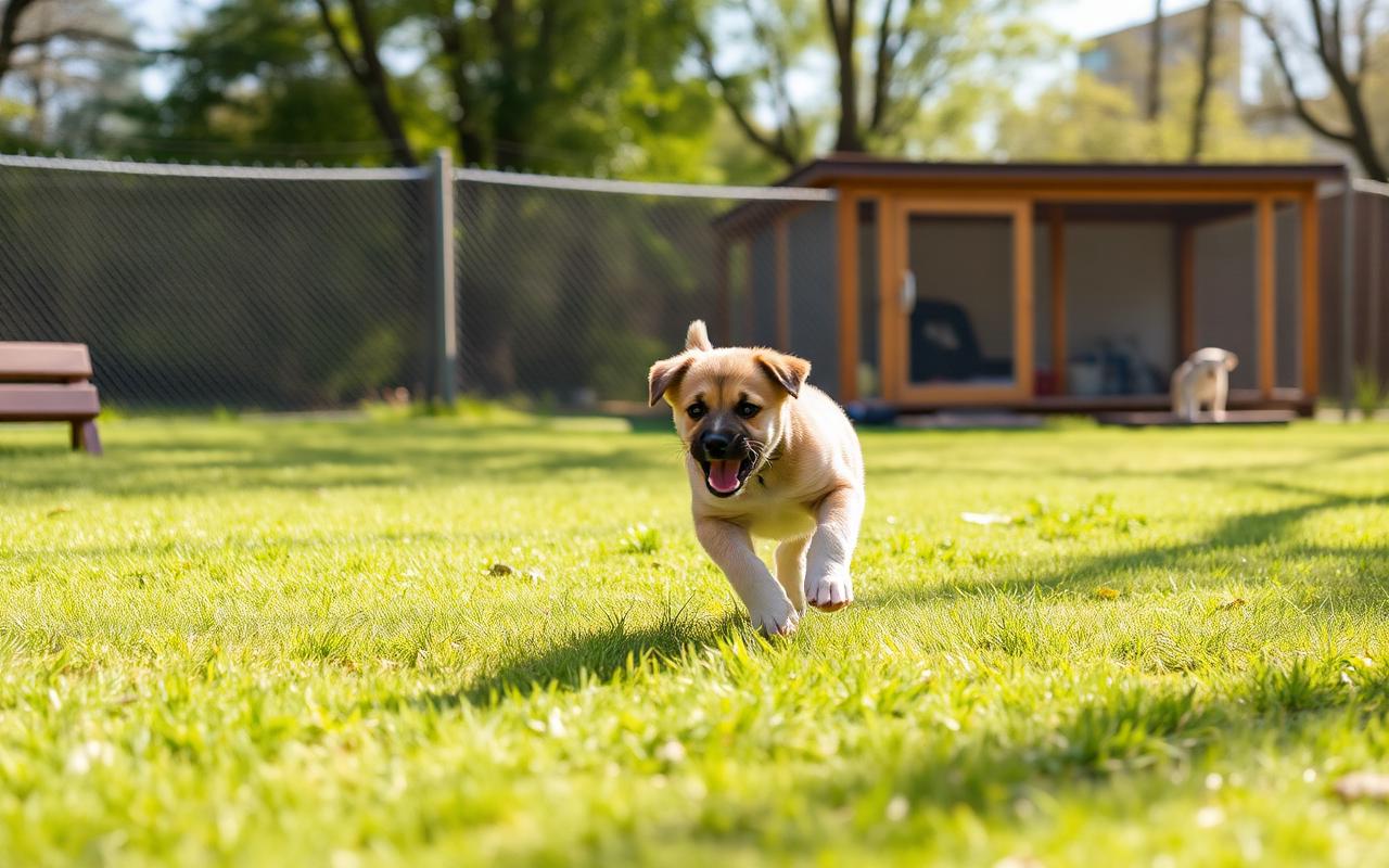 Puppy running across a sunny shelter yard