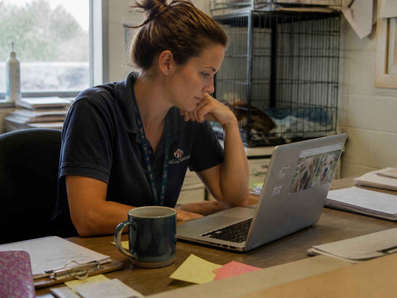 Shelter staff member reviewing volunteer photos on a laptop at the front desk