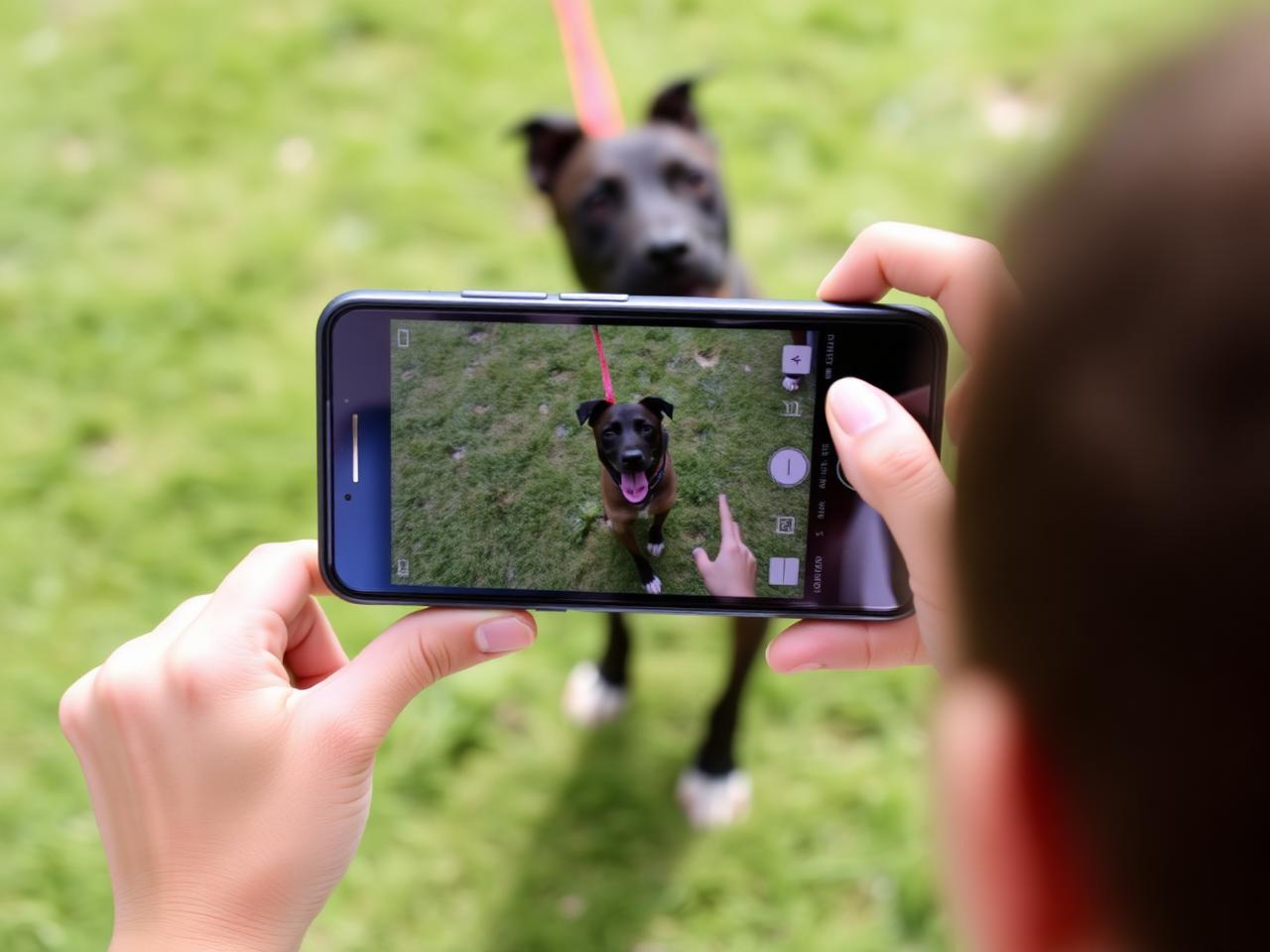 Volunteer filming a shelter dog with a smartphone